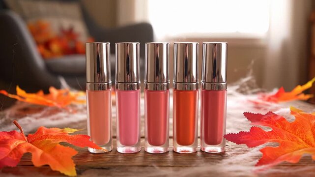colorful lip gloss collection on table, autumn leaves surround cosmetic bottles, warm natural light during cozy season, beauty and fashion concept, appealing for makeup enthusiasts