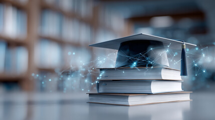 Mortarboard on academic books, luminous virtual symbols of study and intellect hovering above, blurred library background