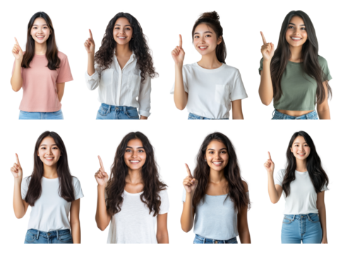 PNG Diverse women pointing upward smiling, element set on transparent background