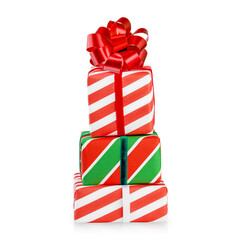 Stack of three red and green gift boxes with red ribbons and bow isolated on white background with clipping path. Holiday Sale Concept. Design element.