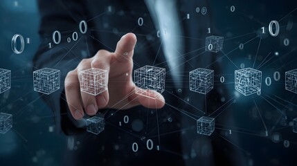 Futuristic digital network visualization with businessman touching virtual cubes, symbolizing blockchain, data connection, innovation, artificial intelligence and modern technology concept.