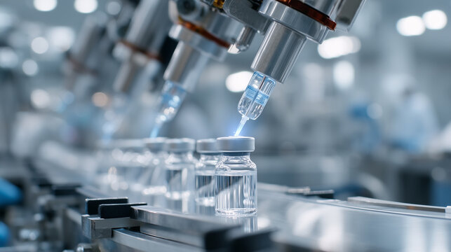 Sterile vaccine facility, robotic arms filling vials, glowing lab lights, meticulous safety checks