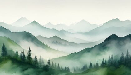 misty green and gray mountain ranges soft watercolor texture abstract landscape calm canvas