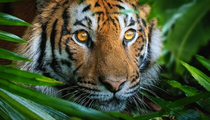 a close up of a tiger s intense golden eye peering through lush green leaves in its natural habitat