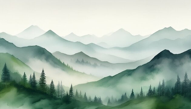 misty green and gray mountain ranges soft watercolor texture abstract landscape calm canvas - Powered by Adobe