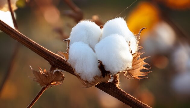 closeup of white cotton boll on brown branch