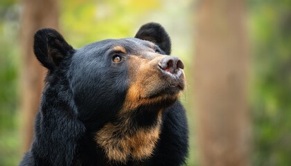 a black bear with brown markings looks upwards in a natural outdoor habitat