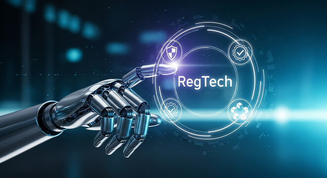 Robot hand touching regtech button on screen