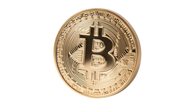 A close up shot of a single golden bitcoin coin against a plain black studio background space view - Powered by Adobe