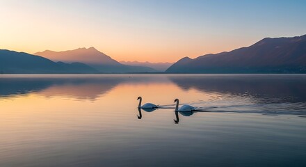 Two swans swimming on a calm lake at sunrise with mountains in the background dawn