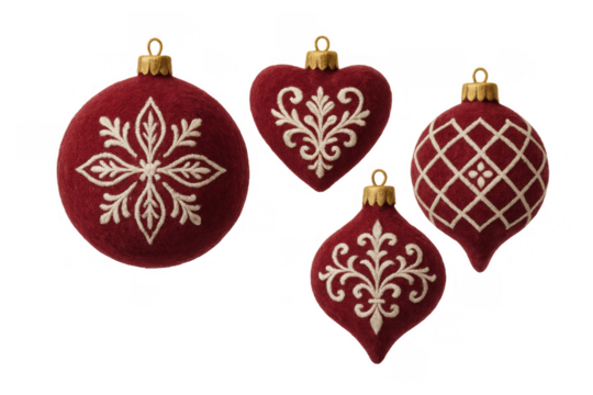 Red felt christmas ornaments featuring embroidered patterns, festive holiday decoration, transparent background