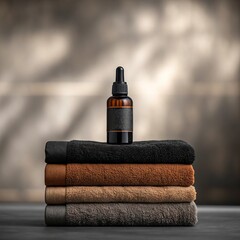 Amber glass dropper bottle with dark label resting on a stack of textured towels