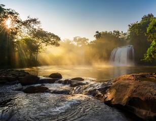 misty morning in kanha with gentle sunlight filtering filtering waterfall misty