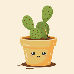 Cute smiling cactus in a pot, kawaii vector illustration. Cartoon style, bright colors, and cheerful mood. Perfect for kids’ designs, stickers, greeting cards, posters, and social media graphics