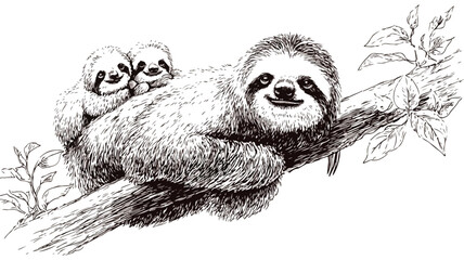 Naklejka premium Adorable Sloth Family Drawing on Tree Branch - Vector Illustration for Design Projects