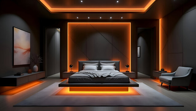 Futuristic modern bedroom, dark walls with glowing orange LED light strips, geometric wall design, low platform bed with LED base, sleek floating furniture, cinematic lighting 