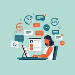 Woman multitasking at a laptop, surrounded by chat bubbles, 24/7 icons, and a clock, representing busy online work, customer service, or digital communication.