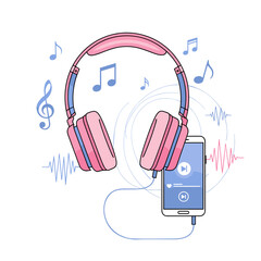 Wireless Pink Headphones Connected to Smartphone Playing Music with Sound Waves and Notes.
