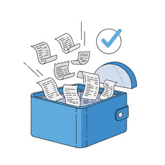 Digital Wallet Illustration with Documents and Receipts Flying In, Signifying Financial Management and Success.