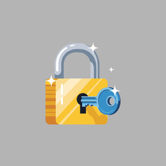 Glittering Golden Padlock with a Blue Key Next to the Keyhole, Representing Security and Solutions.