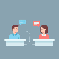 Man and woman communicating across a table with speech bubbles, representing online discussions, virtual meetings, or remote conversations, flat vector.
