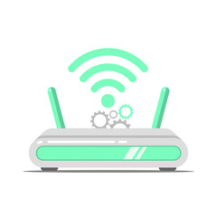 Wi-Fi Router with Gears and Wireless Signal Waves, Symbolizing Network Configuration and Connectivity.