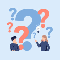 Two people surrounded by question marks, one pointing to a lightbulb, symbolizing problem-solving, ideas, confusion, or brainstorming, flat vector concept.