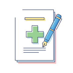 Stack of Medical Documents with Green Cross and Pen, Symbolizing Healthcare Records and Administration.