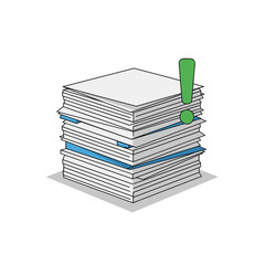 Tall Stack of Documents with Green Exclamation Mark, Indicating High Priority or Critical Information.