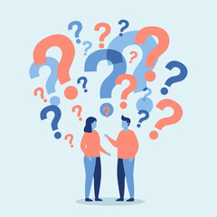 Two people surrounded by numerous question marks, symbolizing confusion, uncertainty, problem-solving, or seeking answers, flat vector concept.