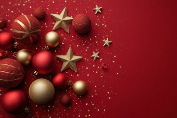 Christmas ornaments including gold and red baubles and glittering gold stars scattered on red background with small gold confetti stars creating festive holiday decoration scene