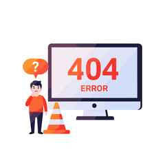 Confused Man Beside Computer Displaying 404 Error and Traffic Cone, Representing Page Not Found Issue.