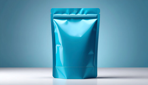 Blank Cyan Foil Pouch Mockup on Light Blue Background with Studio Lighting for Product Packaging and Marketing Presentation