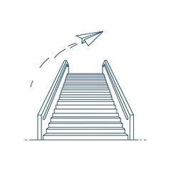 Stairs with Flying Paper Plane Icon, Growth and Advancement Concept