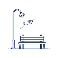 Park Bench and Street Lamp with Flying Paper Plane, Leisure and Communication Concept