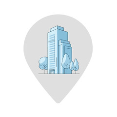 Building Inside Location Pin Icon with Trees, Muted Office Location Map Symbol