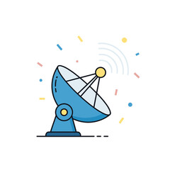 Broadcasting Satellite Dish Icon with Signals and Colorful Abstract Confetti, Global Communication