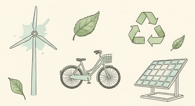 Charming hand-drawn eco-friendly illustrations wind turbine, solar panels, bicycle, and recycling symbol. Promote green energy and sustainable living practices