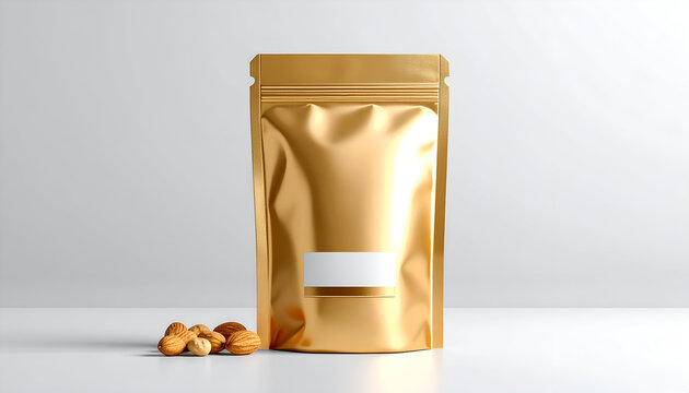 Golden Stand Up Pouch Mockup with White Label and Nuts on White Background Shiny Presentation Food Packaging Minimalist Style