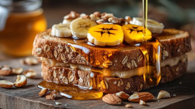 Deliciously layered banana and nut sandwich drizzled with honey on a rustic wooden board