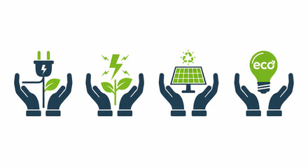 Vector icons illustrating hands holding green energy symbols eco-friendly power, renewable electricity, solar technology, and sustainable lighting. Representing environmental sustainability concepts