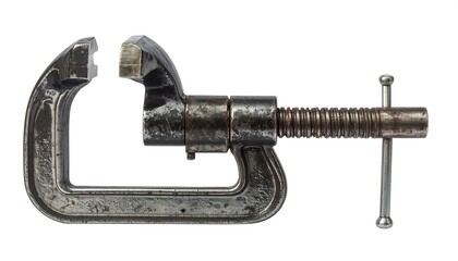 Vintage Metal C-Clamp Tool Isolated on White Background.