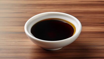 white ceramic bowl with black sesame oil on wooden table surface