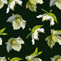 Vector seamless floral pattern on a dark green background with light yellow anemone flowers