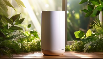 white cylindrical diffuser amidst lush greenery in sunlit room