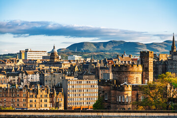 Edinburgh cityscape with Arthurs Seat in the background Scotland UK