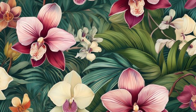 seamless tropical pattern featuring exotic orchids and jungle foliage artistic botanical wallpaper design