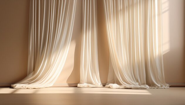 white curtains with sunlight shadows on beige wall
