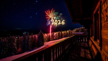 Stunning fireworks display celebrating New Year 2026 over snow-covered winter landscape from cozy wooden balcony
