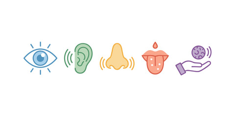 Five human senses vector icons set over white background